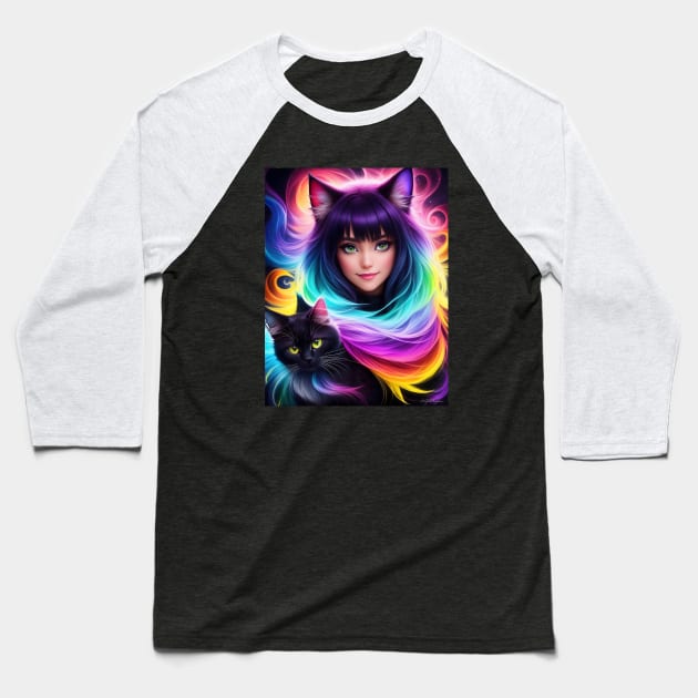 Furry Anime Girl and Cat Baseball T-Shirt by Juka